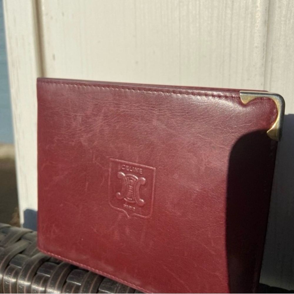 Celine Burgundy Vintage Leather Bifold Wallet With Gold Accents